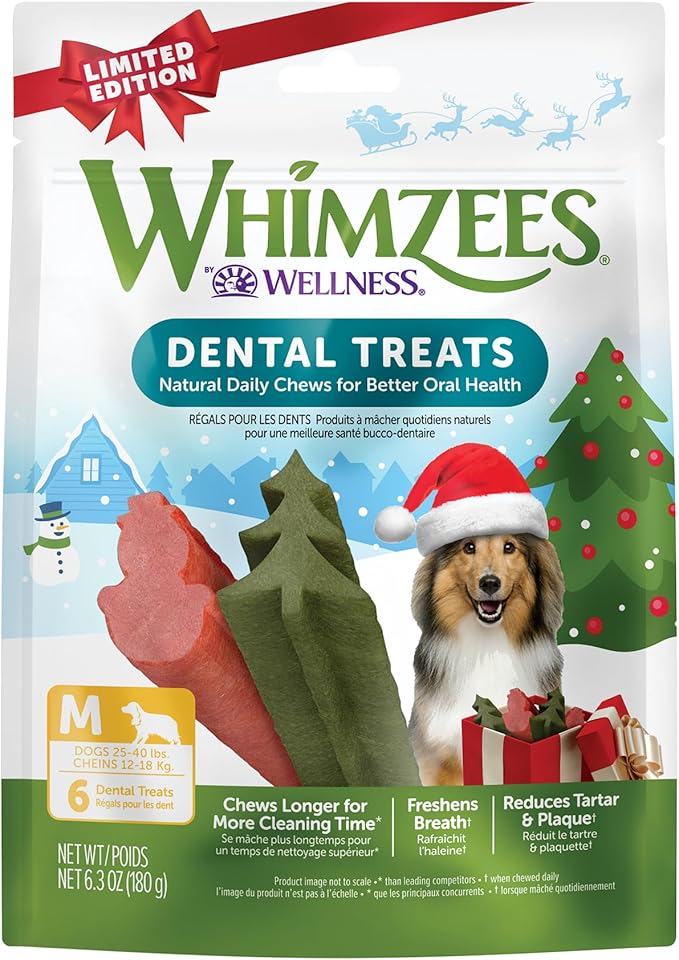 WHIMZEES Wellness Holiday Dog Dental Treats, Natural Chews, for Dogs, Size Medium Stick, (6 Count)