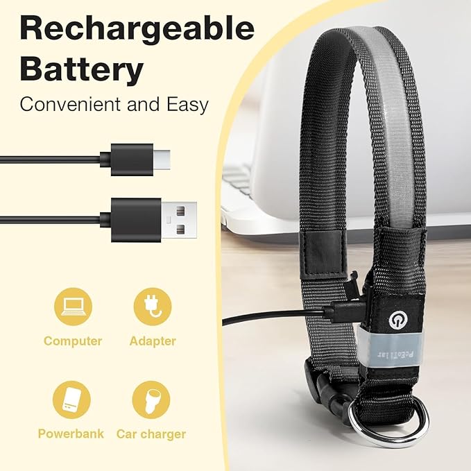 Pceotllar Light Up Collar - Rechargeable Led Dog Collar with Automatic 7-Color Changes, Water Resistant, Bright Glow for Night Walking (Black, M)