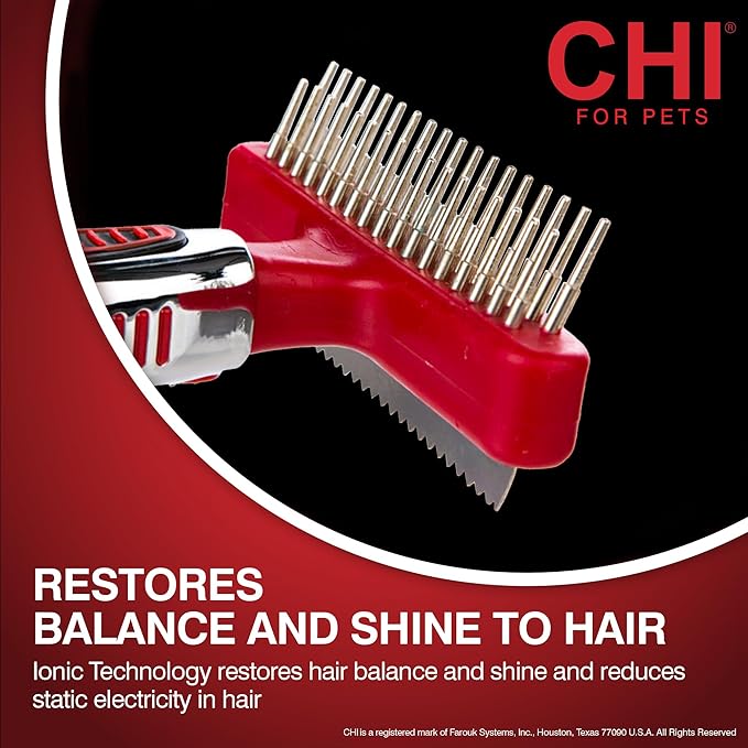 CHI for Dogs Double-Sided Shedding Rake and Blade - Best Grooming Tool for All Hair Types - Safe Dematting and Deshedding Brush for Dogs - Pet Hair Removal Essential