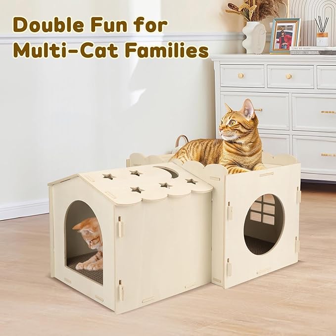 Wooden Cat Scratcher House,Cat Hideout with Scratch Cardboard Pad,2 Tier Sturdy Kittens Bed House Indoor with Air Vents for Small to Large Sized Cats and Rabbits Use