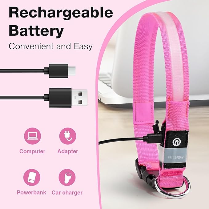 Pceotllar Light Up Collar - Rechargeable Led Dog Collar with Automatic 7-Color Changes, Water Resistant, Night Walking with High Visibility, Bright Glow (Pink, M)