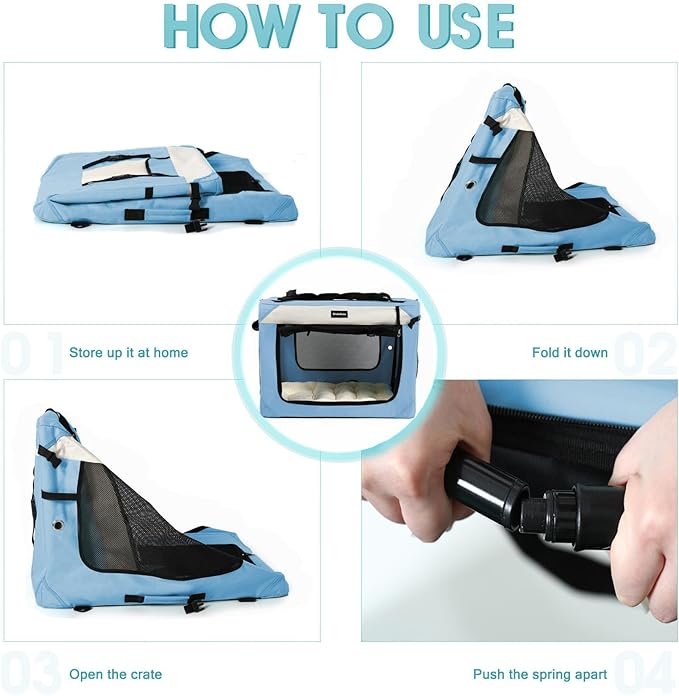 Collapsible Travel Dog Crate Portable Soft-Sided Pet Kennel Extra Large Cat Carrier with Soft Plush Fur Mat for Indoor and Outdoor,28x20x20in Sky Blue