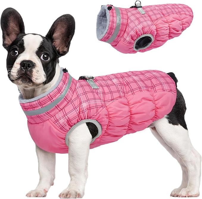 FUAMEY Dog Coat for Small Dogs,Waterproof Dog Winter Jacket with Harness Built in Puppy Cold Weather Coats Reflective Pet Vest with Zipper Warm Fleece Dogs Snowsuit Windproof Rose Plaid S