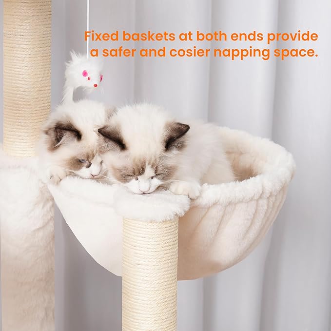 Heybly Wood Cat Tree for Indoor Cats, Cat Condo for Large Cats with Self Groomer, Modern Cat Scratching Tower with Basket, Hammock, Dangling Ball and Leaves, Walnut HCT120WB