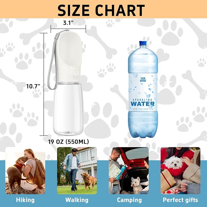 Portable Dog Water Bottle with Bowl, Leak Proof, Convenient for Walking, Hiking and Camping (White, 19oz)