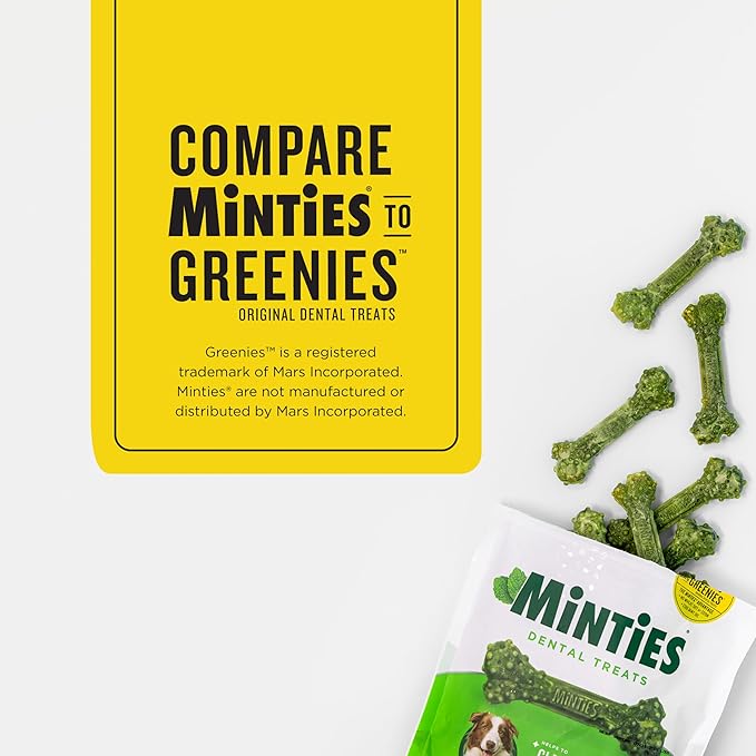 Minties Dental Chews for Dogs, 60 Count, Vet-Recommended Mint-Flavored Treats for Medium Dogs 25-50 lbs, Bones Clean Teeth, Fight Bad Breath, and Removes Plaque and Tartar