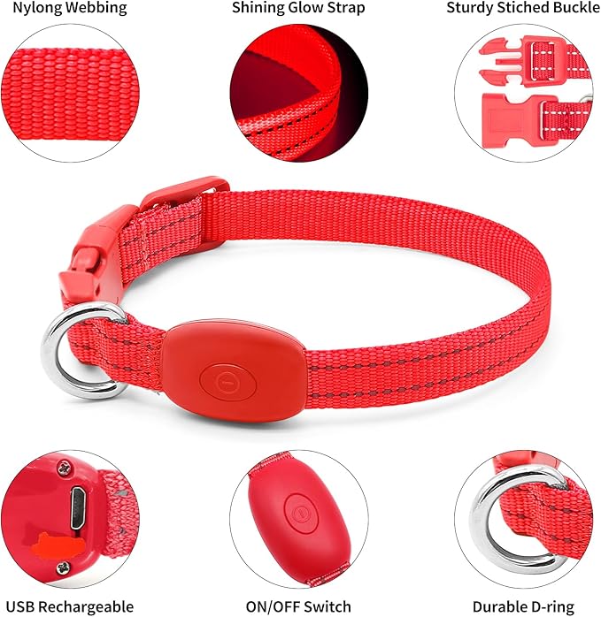 Illumifun Light Up Collar for Small Dogs, USB Rechargeable LED Dog Collar Glow in The Dark, Adjustable Cat Collar Light for Night Walking Camping (Red, X-Small)