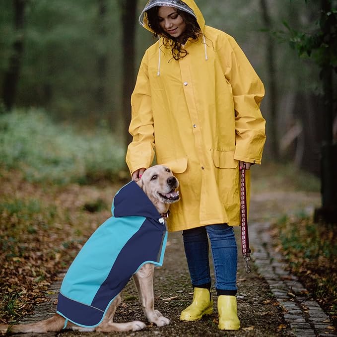 IECOii Dog Raincoat,Waterproof Rain Coat for Small Dogs,Adjustable Pet Rain Jacket with Hood,Lightweight Doggy Raincoats with Reflective Stripes,Blue,Small