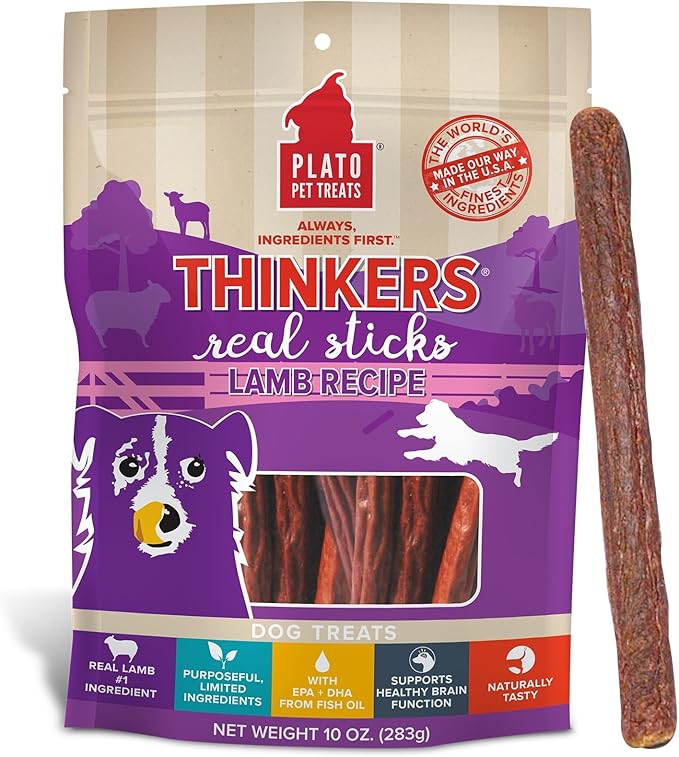 Plato Pet Treats Thinkers - Meat Sticks for Dogs - Limited Ingredient Treats with EPA and DHA to Support Skin, Coat, and Brain - Air-Dried - Lamb 10oz