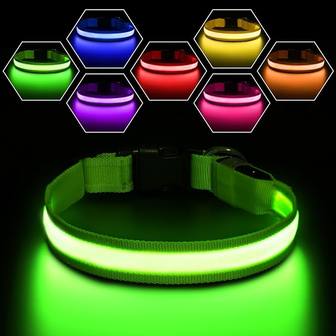 Pceotllar Light Up Collar - Rechargeable Led Dog Collar with Automatic 7-Color Changes, Water Resistant, Bright Glow for Night Walking (Green, M)