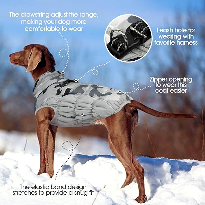 FUAMEY Dog Coat for Large Dogs,Waterproof Dog Winter Jacket with Harness Built in Puppy Cold Weather Coats Reflective Pet Vest with Zipper Warm Fleece Dogs Snowsuit Windproof Grey Camo XL