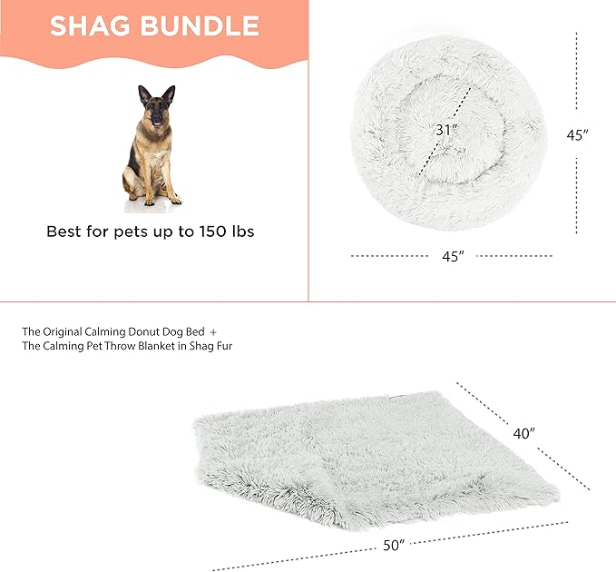 Best Friends by Sheri Bundle Set The Original Calming Shag Donut Cuddler Cat and Dog Bed + Pet Throw Blanket Frost Extra Large 45" x 45"
