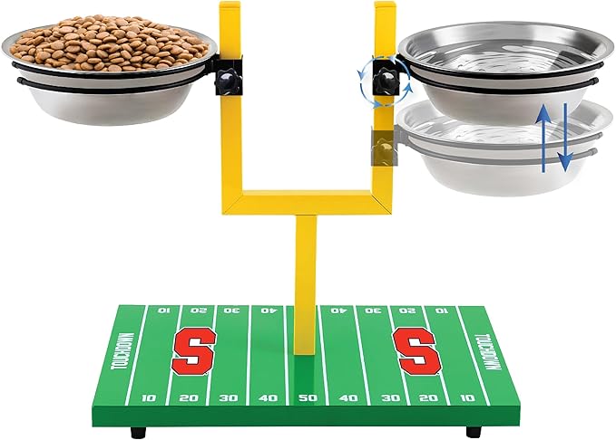 NCAA Syracuse Orange Goalpost Football Field Dog Feeder – Adjustable Elevated Dog Bowls with Stand, 2 Stainless Steel Bowls, Non-Slip Rubber Feet, Raised Pet Feeder for Large & Small Dogs