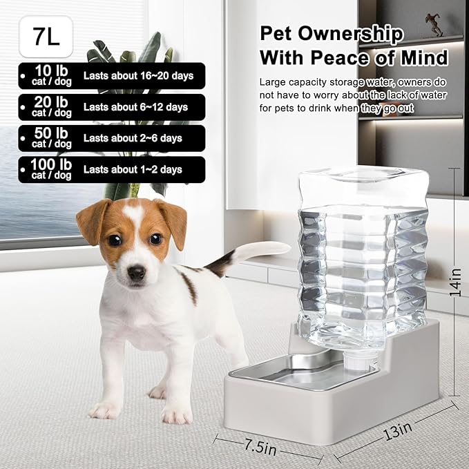 RIZZARI Stainless Steel Pet Water Feeder: 7L Automatic Leak-Proof Gravity Dispenser for Cats Dogs Indoor Outdoor Use(Beige Without Filter,7L)