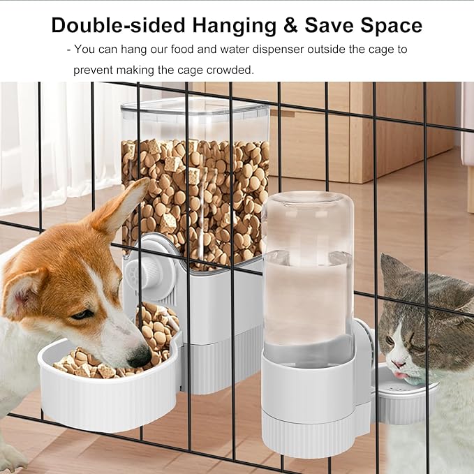 Hanging Cage Automatic Food Water Dispenser, Auto Gravity 1.2L Self-Feeding Feeder and 0.52L Waterer Set, Crate Auto Feeder Dish for Puppy Cats Ferret Bunny Guinea Pig Small Pets (Grey)
