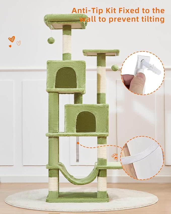 Taoqimiao Cat Tree, 61-Inch Cat Tower for Indoor Cats, Plush Multi-Level Cat Condo with 5 Scratching Posts, 2 Perches, 2 Caves, Hammock, 2 Pompoms, MS013SGR Green