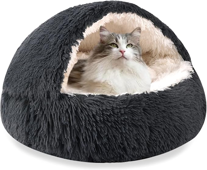 HYQ Dog Bed for Small Dogs, Cozy Cat Cave Bed, Cat Beds for Indoor Cats Washable, Non-Slip Cat Beds, Calming Dog Bed with Hooded Cover, Dog Bed with Cover for Small Medium Pets(Dark Grey, 16×16 Inch)