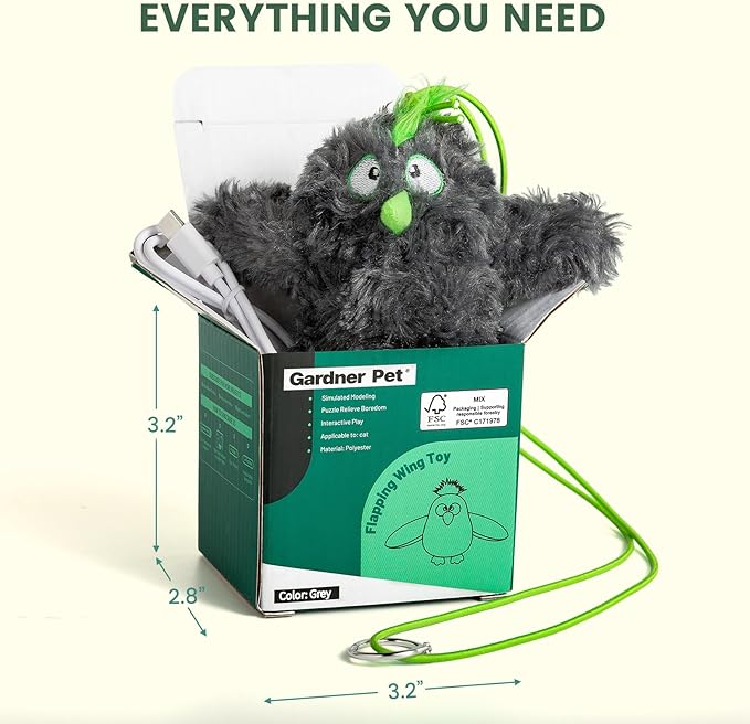 Gardner Pet Cat Toys Flapping Bird (No Flying),Touch Activated with Realistic Flapping Wings and Chirping Bird,Hangable Kitten Interactive Toy,USB Rechargeable Indoor Kitty Exercise Toys,Grey