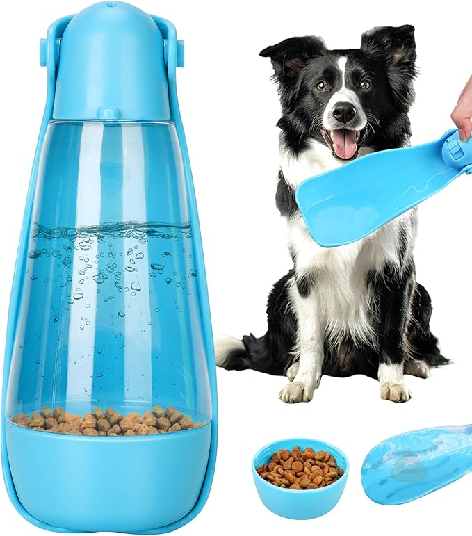 UPSKY Dog Water Bottle | Portable & Foldable Dog Water Bottle | 3-in-1 Portable Pet Water Dispenser with Food Container & Poop Scooper for Outdoor Walking, Hiking & Travel,14.2oz(Blue)