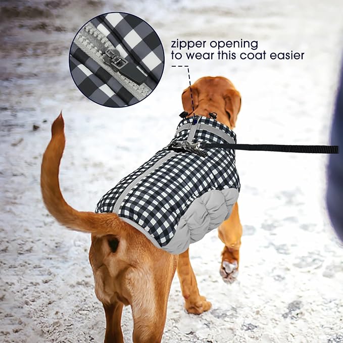 FUAMEY Dog Coat for Small Dogs,Waterproof Dog Winter Jacket with Harness Built in Puppy Cold Weather Coats Reflective Pet Vest with Zipper Warm Fleece Dogs Snowsuit Windproof Checkerboard XS
