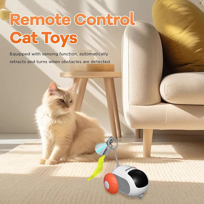 Turbo Tail 3.0 Interactive Cat Toy - Smart Remote Control Electric Mouse with Feathers, 3 Play Modes (Smart/Manual/Standby), Auto Obstacle Avoidance, Type-C, 8H Playtime - Orange (1PC)