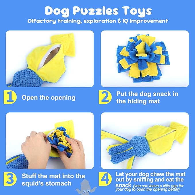 wodoca Squeaky Dog Toy, Dog Puzzle Training Enrichment Crinkle Snuffle Treat Dispensing Stuffed Plush Chew Toys to Keep Them Busy, Interactive Tug of War Doggie Toy for Small Medium Breed - Squid