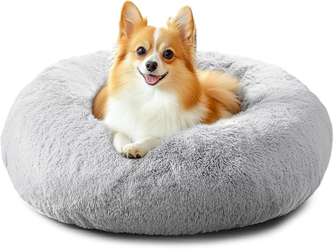 JOLLYVOGUE Calming Dog & Cat Bed for Small Dogs, Anti-Anxiety Donut Cuddler Cozy Soft Round Bed with Anti-Slip Bottom, Fluffy Faux Fur Plush Cushion Beds for Small Medium Dogs, 23"/Smoke Gray