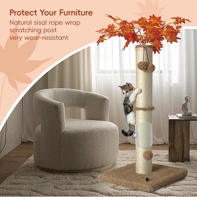 MECOOL Cat Scartching Post,35-inch Heavy Duty and Thicker Large Scartching Posts for Indoor Cats,Natural Sisal Rope and Hanging Ball Toy, Self-Grooming Brush,Beige