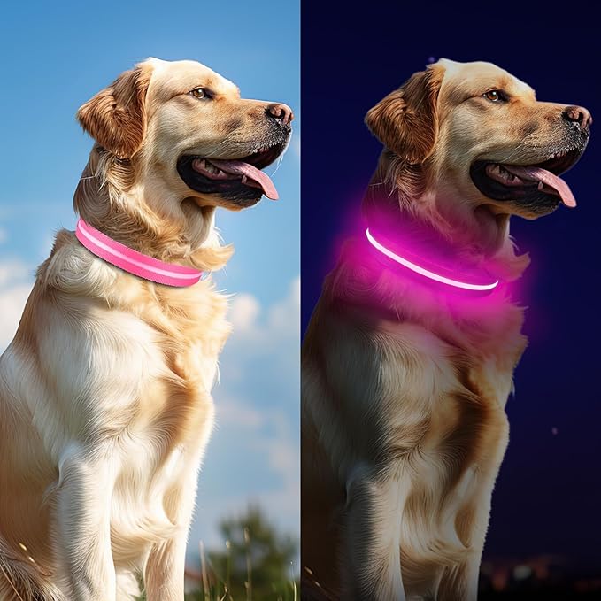 Light Up Dog Collar, Adjustable USB Rechargeable Glow in Dark Dog Collar ,Waterproof Dog Collars for Small Dogs (Pink, Small)