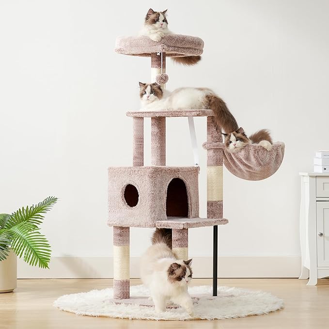 Heybly Cat Tree, 49.2 Inches Cat Tower for Indoor Cats, Spacious Cat House Condo with Hidden Space,Sturdy Steel Tube,Soft Plush Top Perch,Cozy Hammock and Sisal Scratching Posts, Muchroom HCT200SMU