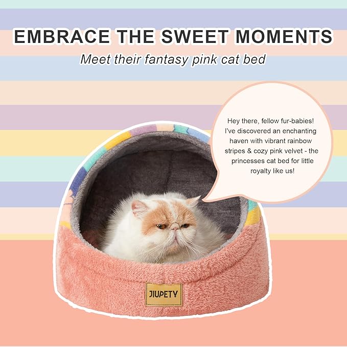 Jiupety Cute Cat Beds for Indoor Cats, Cat Cave Bed and Kitten Bed, Hideway Cat House and Cat Tent with Anti-Slip Bottom, Washable Removable Cushion, M(16"x16"x13"), Rainbow.