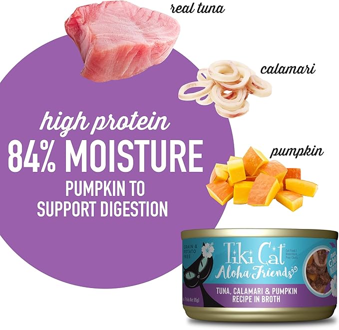 Tiki Cat Aloha Friends, Tuna, Calamari & Pumpkin, Grain-Free & High Moisture, Wet Cat Food for All Life Stages 3 oz. Can (12 Count)