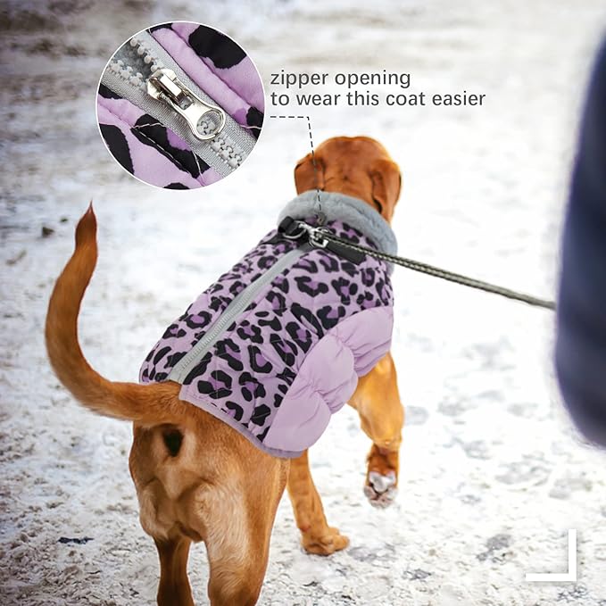 FUAMEY Dog Coat for Large Dogs,Waterproof Dog Winter Jacket with Harness Built in Puppy Cold Weather Coats Reflective Pet Vest with Zipper Warm Fleece Dogs Snowsuit Windproof Purple Leopard XXXL