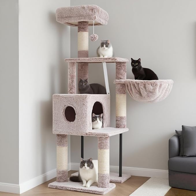 Heybly Cat Tree, 49.2 Inches Cat Tower for Indoor Cats, Spacious Cat House Condo with Hidden Space,Sturdy Steel Tube,Soft Plush Top Perch,Cozy Hammock and Sisal Scratching Posts, Muchroom HCT200SMU