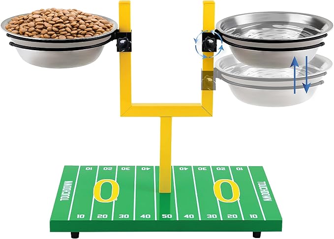 NCAA Oregon Ducks Goalpost Dog Feeder – Adjustable Elevated Dog Bowls with Stand, 2 Stainless Steel Bowls, Non-Slip Rubber Feet, Raised Pet Feeder for Large & Small Dogs