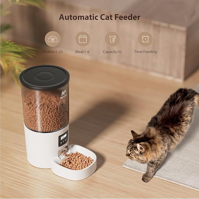 Automatic Cat Feeders, 5L Large Capacity, Timed Feeding Dry Food, Dual Power Design, Programmable Portion Size, 1-6 Meals Per Day, with Desiccant Packet, Suitable for Small Pets Food Dispenser