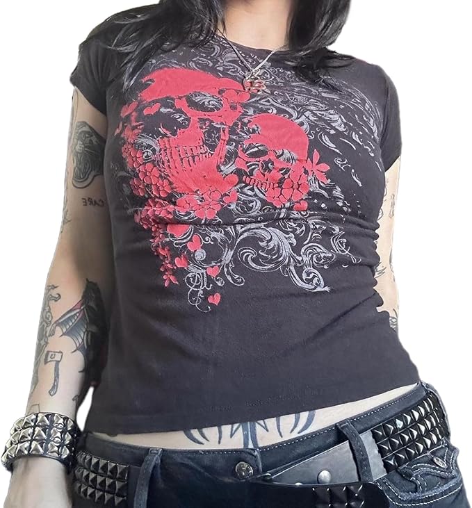 Women Y2K Graphic T-Shirts Summer Short Sleeve Punk Gothic Tee Tops Vintage 90s Aesthetic Emo Clothes Streetwear