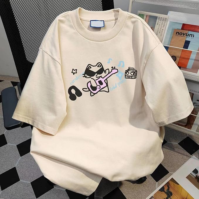 Harajuku Vintage Shirts for Women Cute Graffiti Cat Print T-Shirt Summer Oversized Graphic Tees Kawaii Clothes Y2K Tops