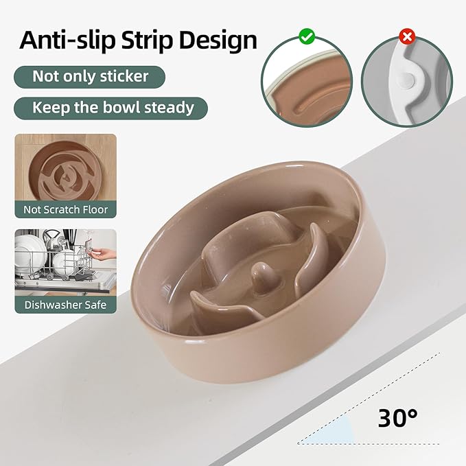 Ceramic Raised Slow Feeder Dog Bowl Set, Elevated 5.1inch Bowl and 6.1inch Puzzle Slow Pet Food Dish with Wooden Stand for Small Dog and Cat, Anti-Gulping (2X Brown Coffee+ Stand)
