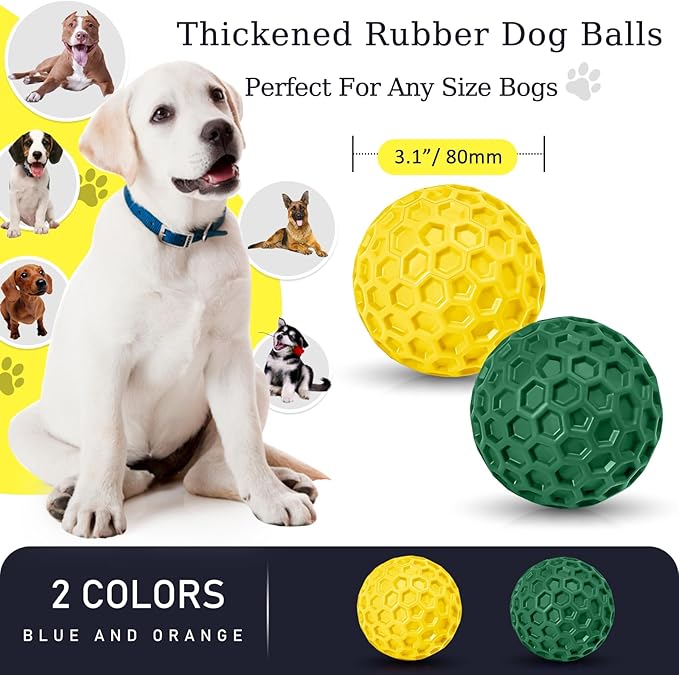 2 Pack Indestructible Squeaky Dog Balls for Aggressive Chewers, Durable Rubber Chew Toys for Teething, Anxiety Relief Perfect for Large, Medium Breeds, Indoor Outdoor Use