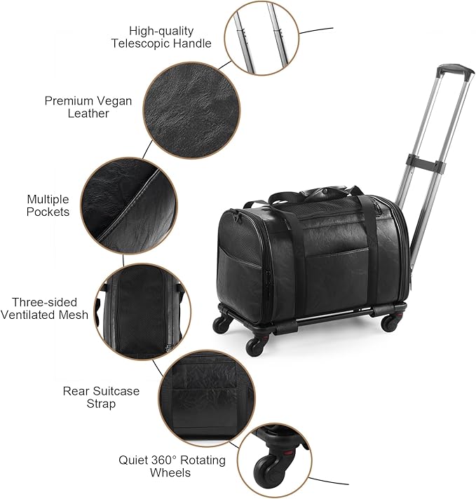 Leather Pet Carrier with Wheels, Airline Approved Travel Bag for Small Dogs & Cats Under 15 lbs, Rolling Pet Carrier for Airplane, Camping & Outdoor Black