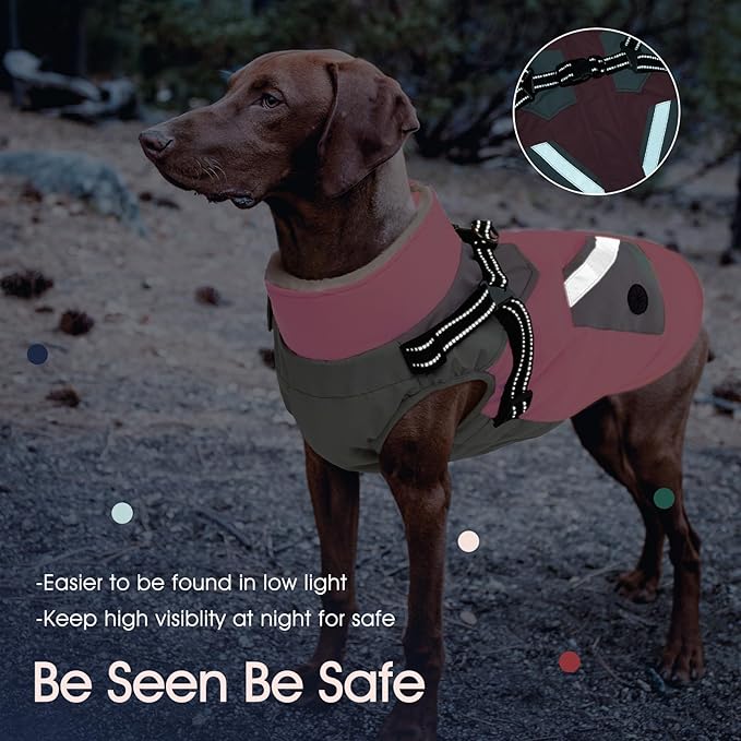IECOii Dog Winter Coat with Harness Built in, Waterproof Windproof Dog Coats for Large Dogs, Thermal Fleece Cold Weather Jackets with Zip, Outdoor Warm Snow Jacket Reflective, Pink, XXXL