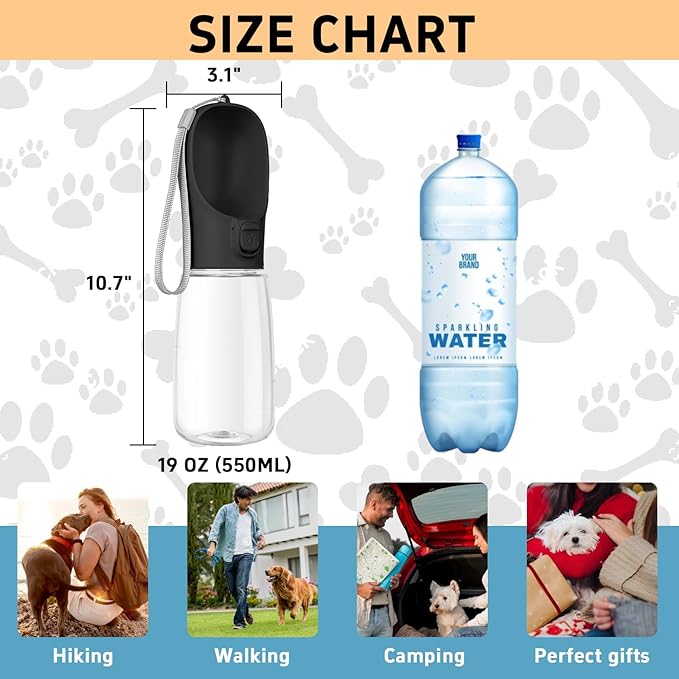 Portable Dog Water Bottle With Bowl - Travel Leak Proof Pet Accessory for Walking, Hiking and Camping (Black, 19oz)