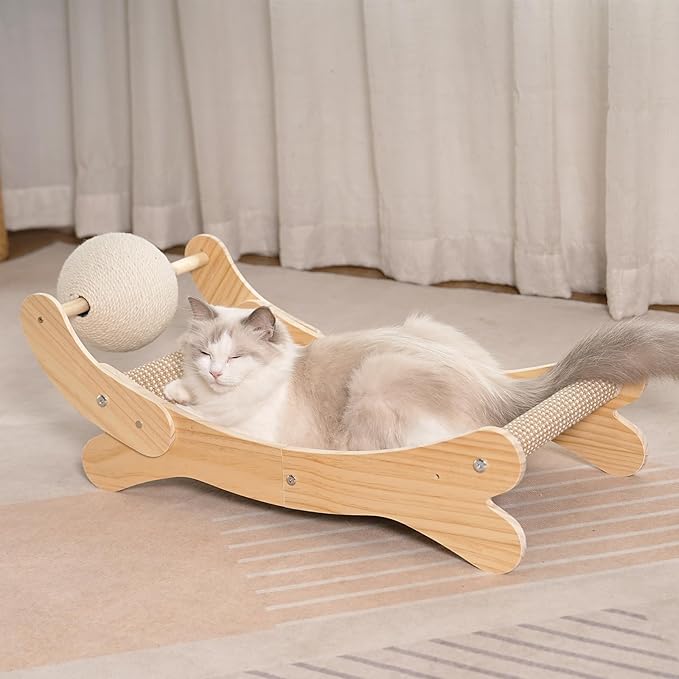 Cat Scratcher Bed, Natural Sisal Cat Scratch Chair Hammock, 27.5 Inch Extra Large Scratching Post Lounger Pad with Large Sisal Toy Ball for Indoor Cats