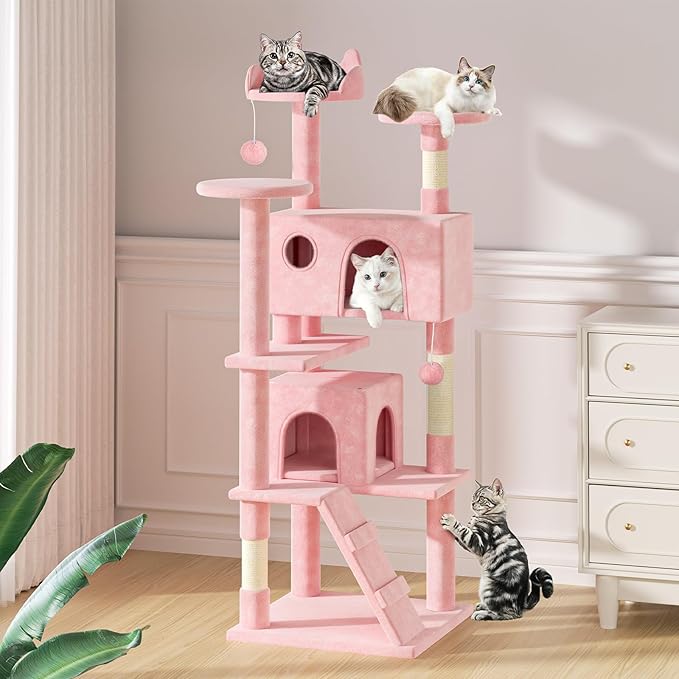 MoNiBloom Cat Tree, 70 Inch Cat Tree Tower with 2 Condo, Tall Cat Tower with Scratching Post, Cat Climbing Tower, Cat Tree for Indoor Cats, Soft Pink