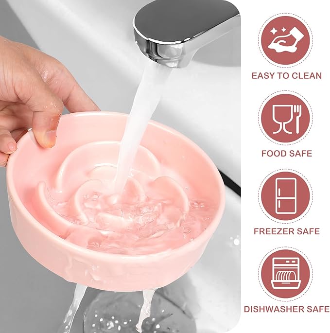 TRUVIC Ceramic Slow Feeder Dog Bowls Small Breed, 0.6 Cup Slow Feeder Cat Bowls for Fast Eaters, Ceramic Dog Food Dish no Black Chin, Puzzle Bowl for Small Dogs and Cats, Pink