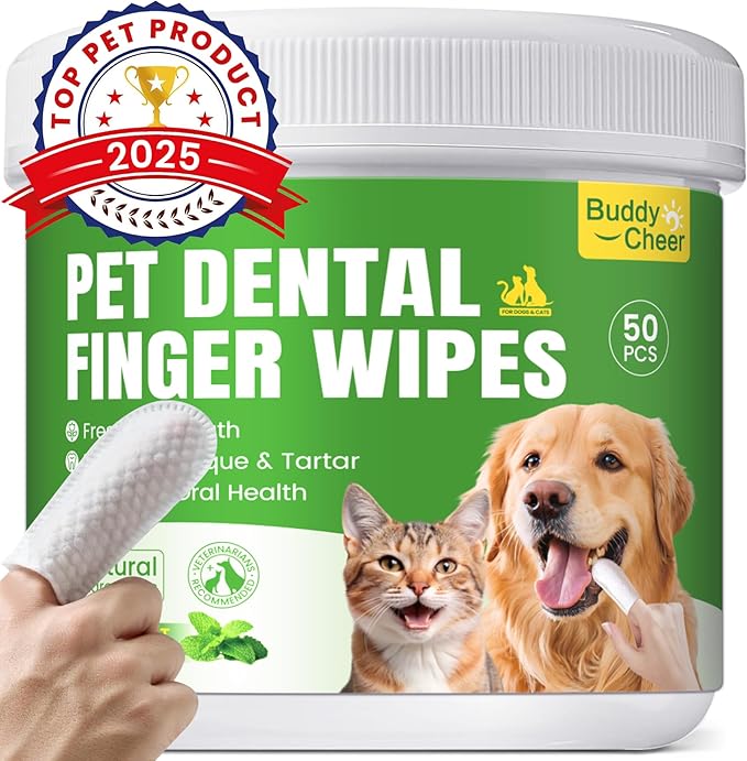Pet Teeth Cleaning Wipes for Dogs & Cats, Pet Dental Finger Wipes for Dogs, No-Rinse Dog Toothbrush Toothpaste to Reduce Plaque & Tartar, Disposable Dog Tooth Brushing Kit - Mint Flavor - 50 Count
