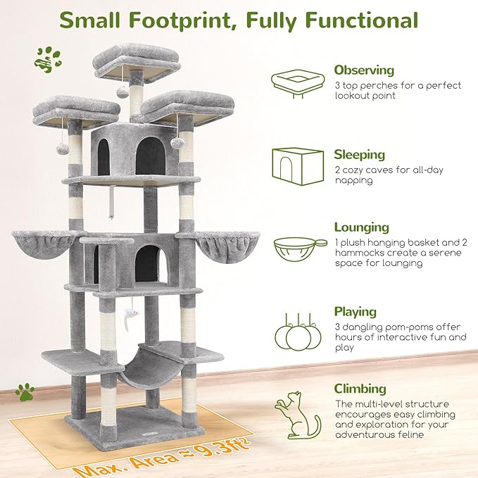 Globlazer Big Cat Tower for Indoor Cats, 80inch Cat Tower for Multiple Adult Cats XXL Cat Tree with Scratching Post, Hammock, 3 Perches, 2 Condos, 2 Hanging Basket, F80, Light Grey