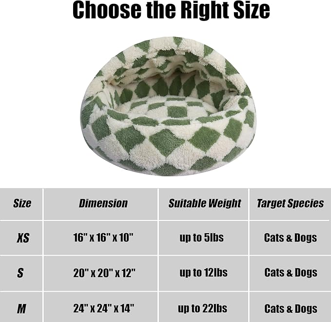 HYQ Cat Beds for Indoor Cats, Small Dog Bed with Cover Cave, Cozy Cat Cave Bed, Round Puppy Bed with Hooded Cover, Dog Beds for Small Dogs with Anti-Slip Bottom(Green, 24×24 Inch)