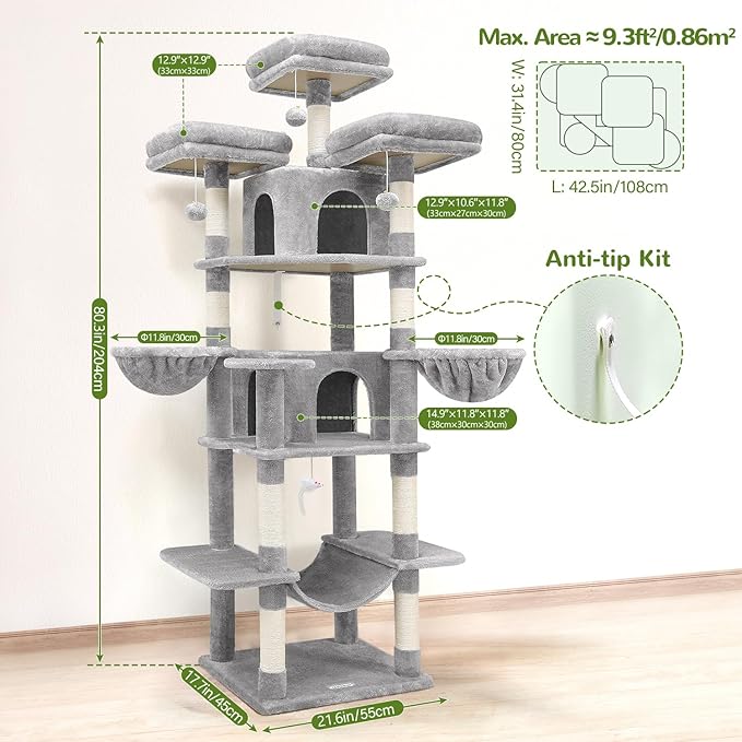 Globlazer Big Cat Tower for Indoor Cats, 80inch Cat Tower for Multiple Adult Cats XXL Cat Tree with Scratching Post, Hammock, 3 Perches, 2 Condos, 2 Hanging Basket, F80, Light Grey